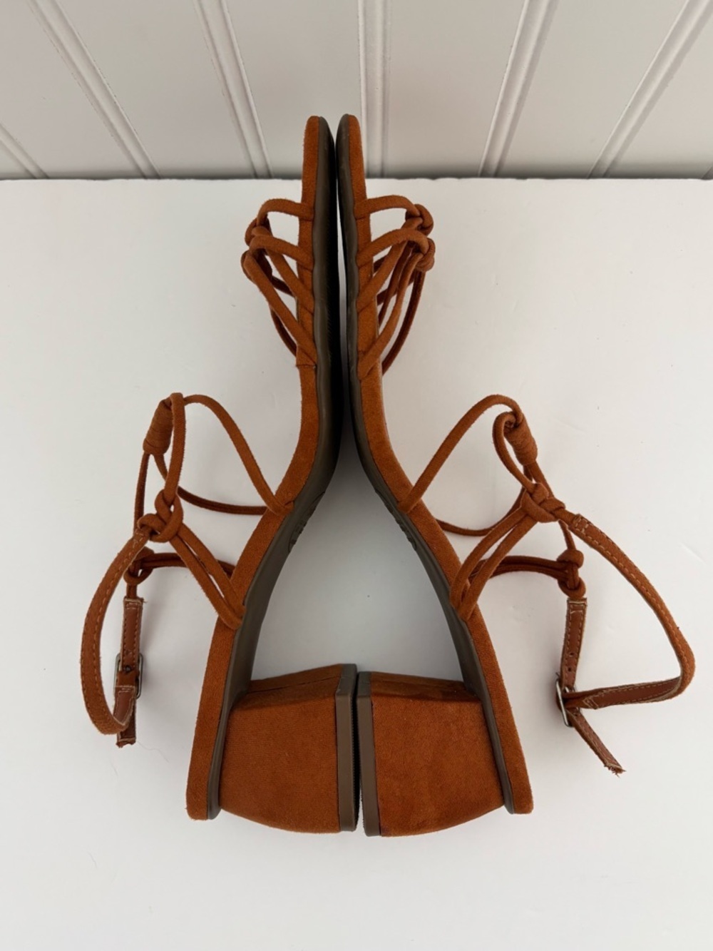 Via Mia Strappy Block Heel Suede Rust Brown Sandals Square Toe Ankle Strap 8.5 - Picture 9 of 14